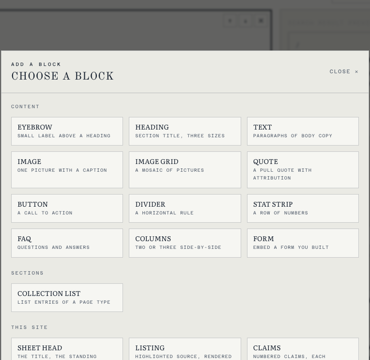 The Vinum block picker, showing core blocks alongside this site's own blocks.