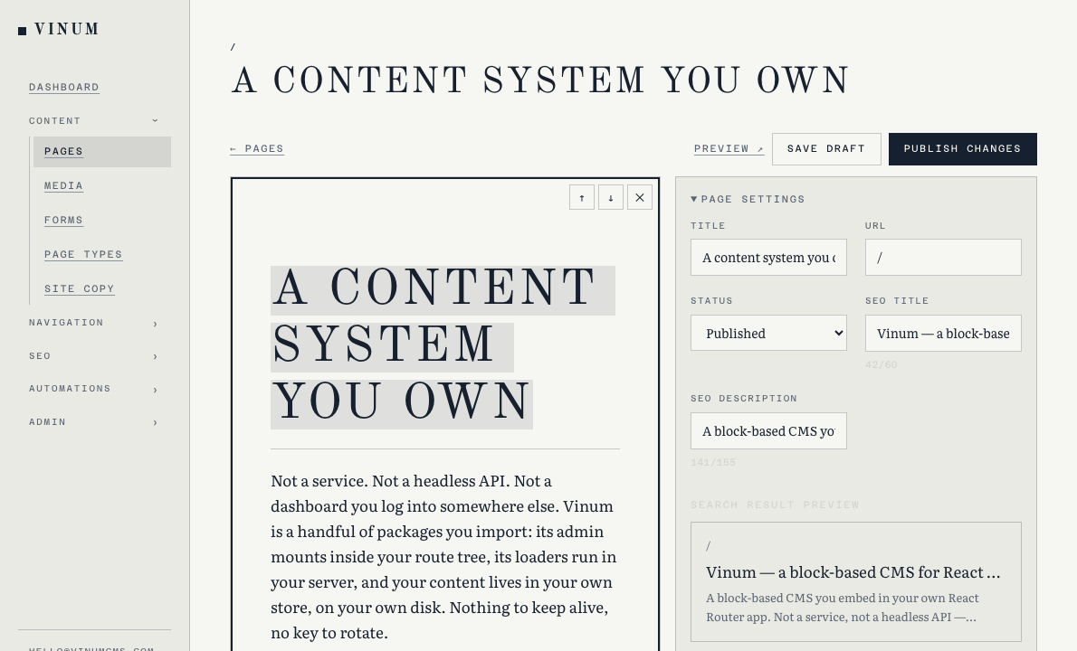 The landing page in edit mode: a paragraph outlined for editing in place, with the block settings panel open beside it.